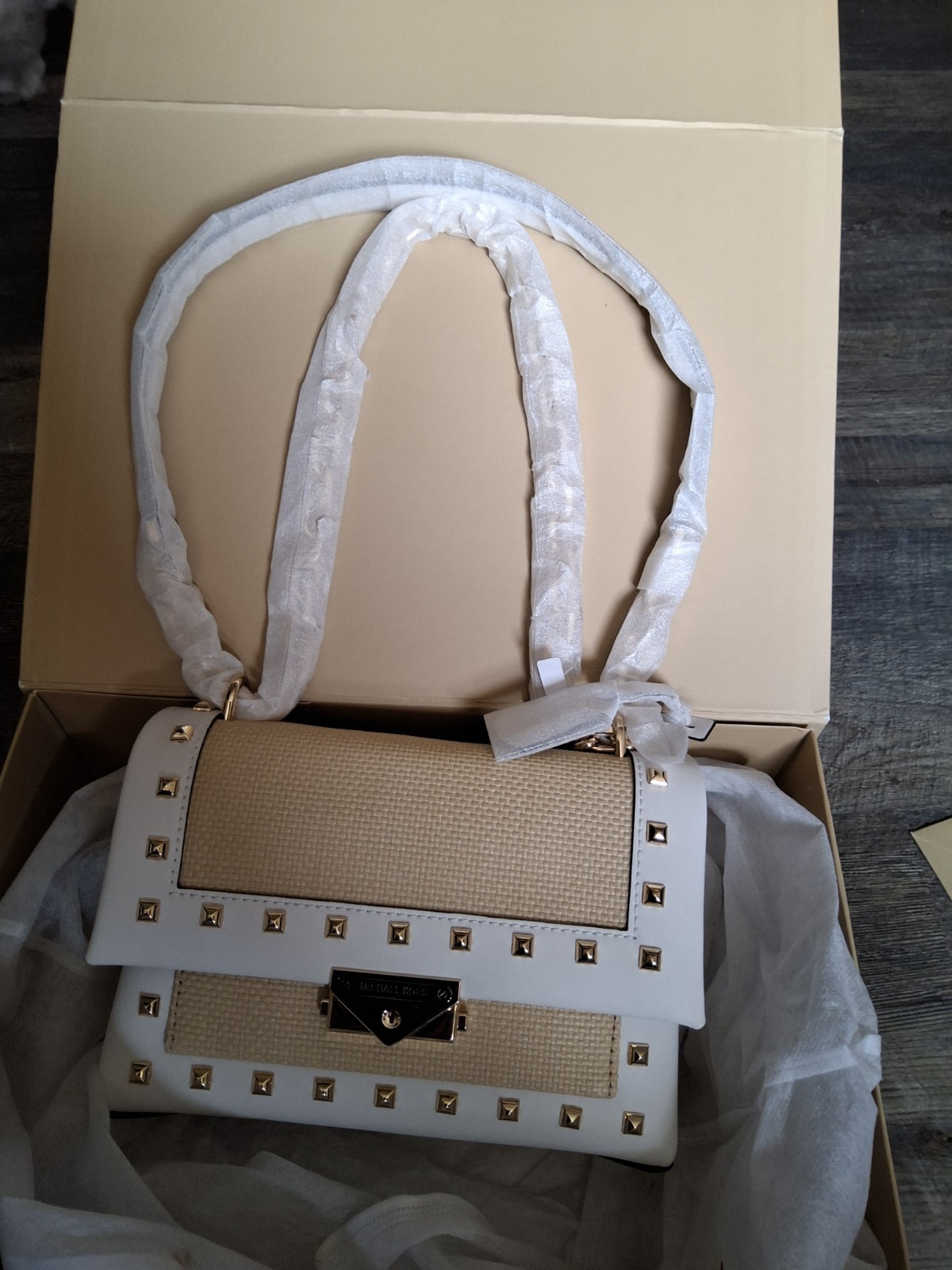 MICHAEL KORS CECE MEDIUM STUDDED FAUX LEATHER SHOULDER BAG CROSSBODY-OPTIC WHITE