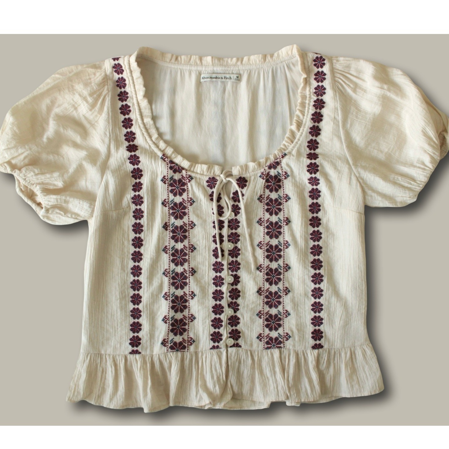 Abercrombie & Fitch Boho Embroidered Peasant Top Size M Cream Floral Puff Sleeve