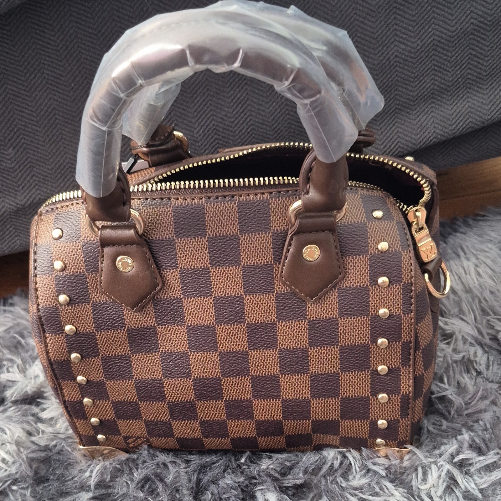 Louis Vuitton Damier Brown Small Satchel Top Handle Zip Studs Gold Charm