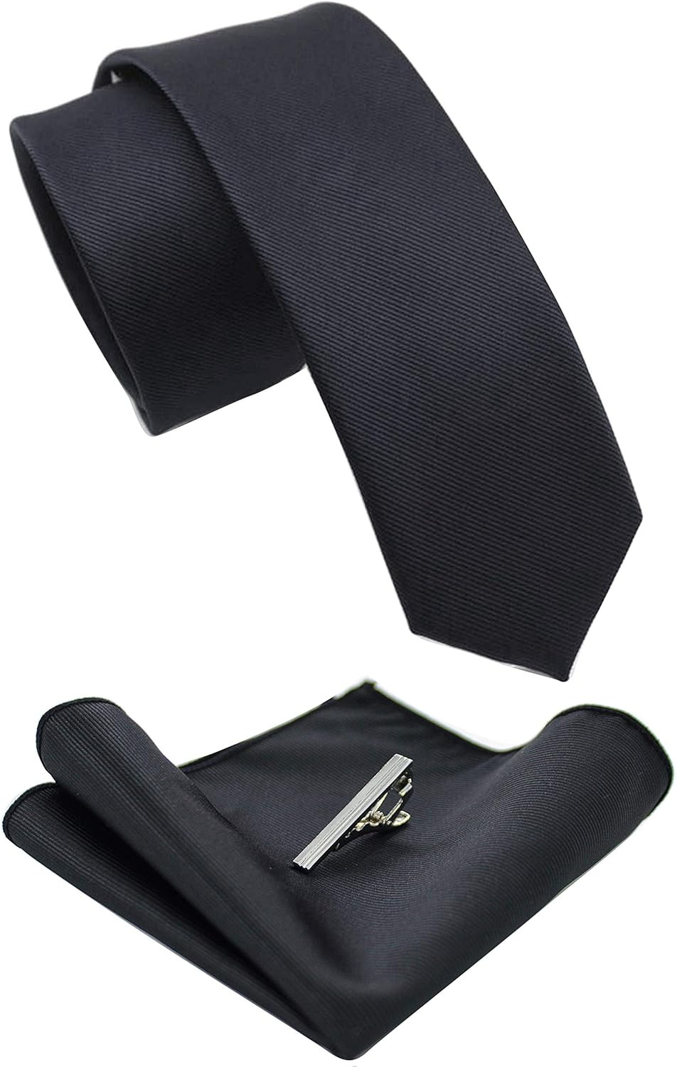 2.4″ Black Skinny Tie and Pocket Square with Tie Clip Silk Slim Necktie Sets …