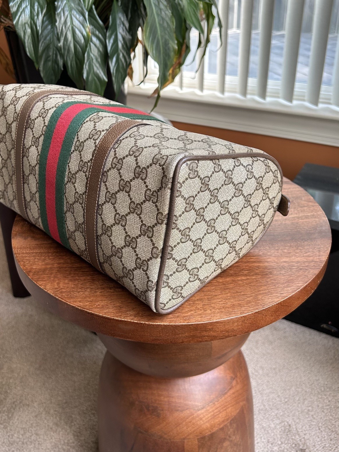 GUCCI GG Supreme Monogram Sherry Web Boston Bag, Tan