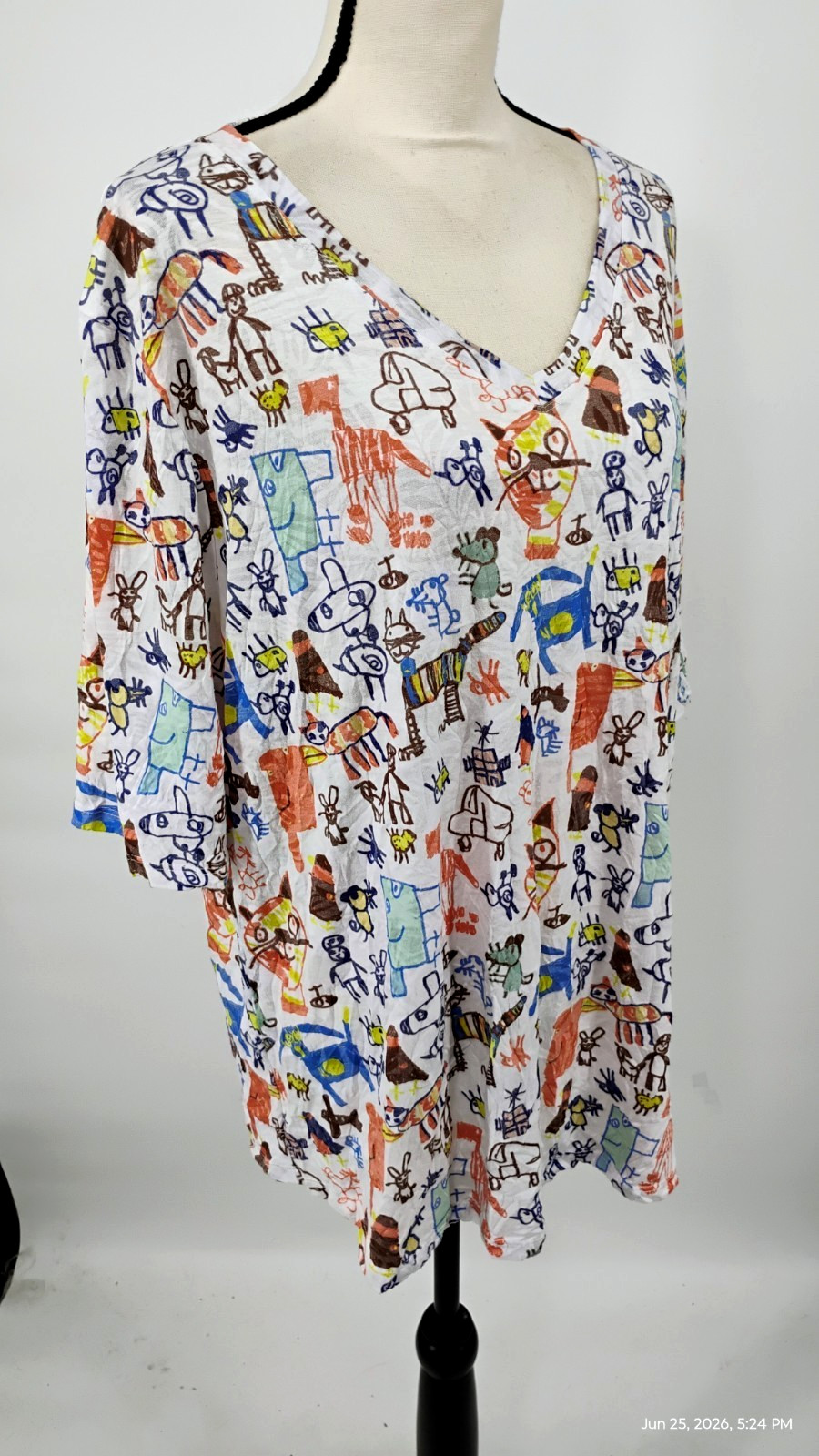 NEW Shana Cats Print Colorful Art Tunic Top V-Neck 3/4 Sleeve Size XL