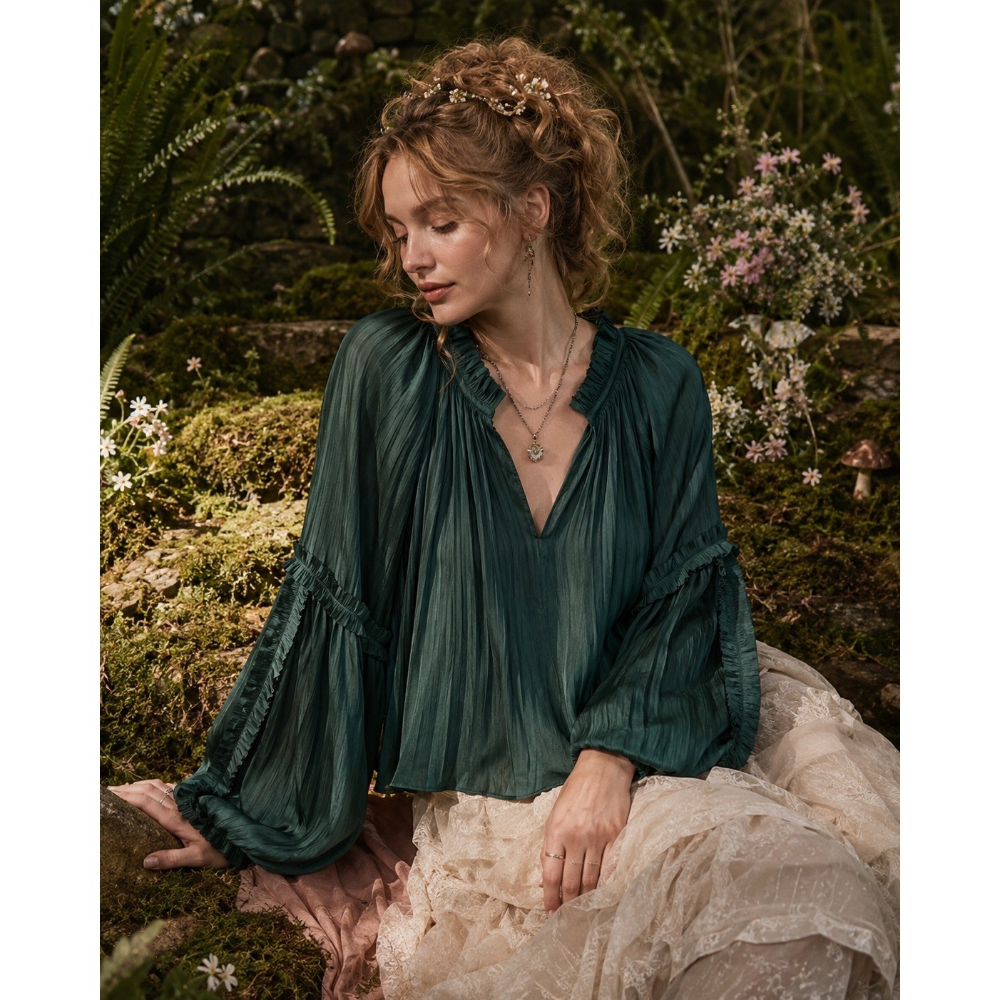 Roan + Ryan Dark Green Plissé Peasant Blouse Romantic Boho Fairy Core Top M
