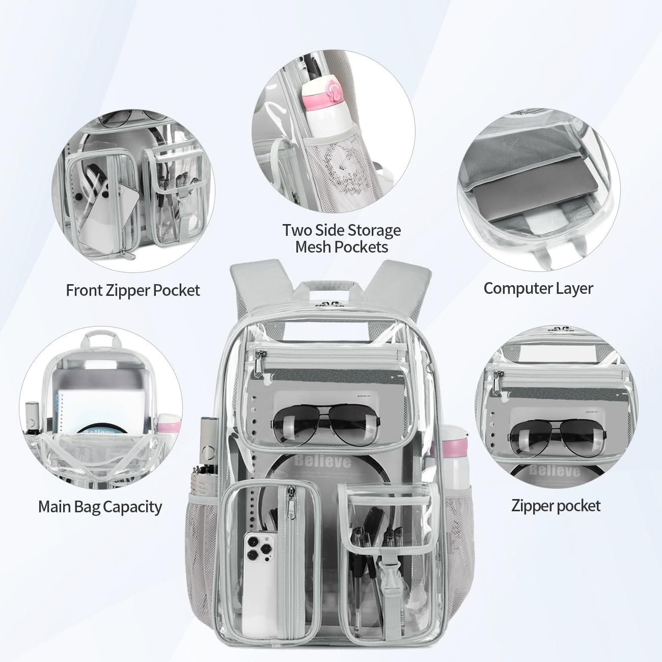 Heavy Duty Clear Backpack 16x11x5 TPU Stadium See Through Bookbag Grey