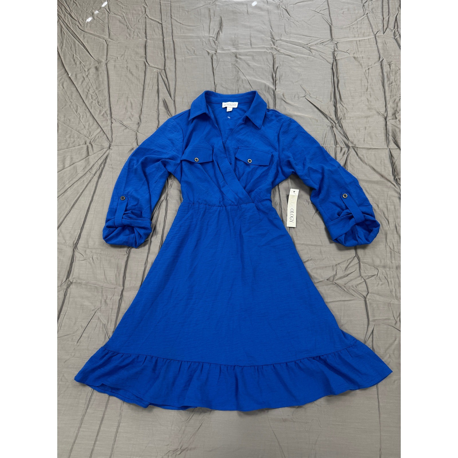 Luxology Womens Blue Roll Tab Sleeve Ruffle Hem Faux Wrap Dress Size M NWT
