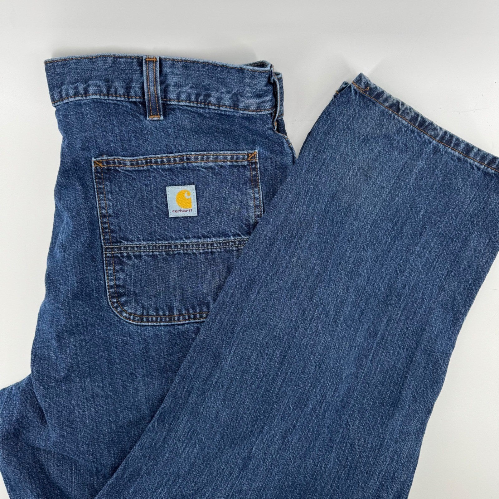 Carhartt Double Front Logger Jeans Mens 38×32 Workwear Loose Fit Dark Wash Blue