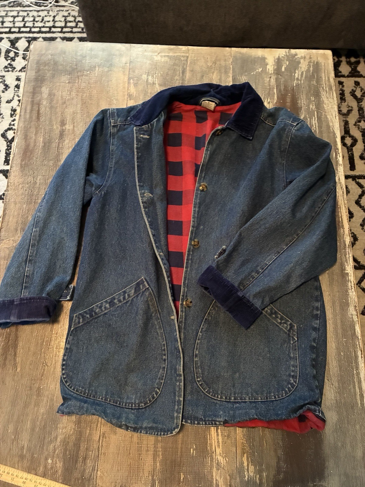 Women’s Vintage Denim Chore Jacket Medium Oversized Buffalo Check Lined Corduroy