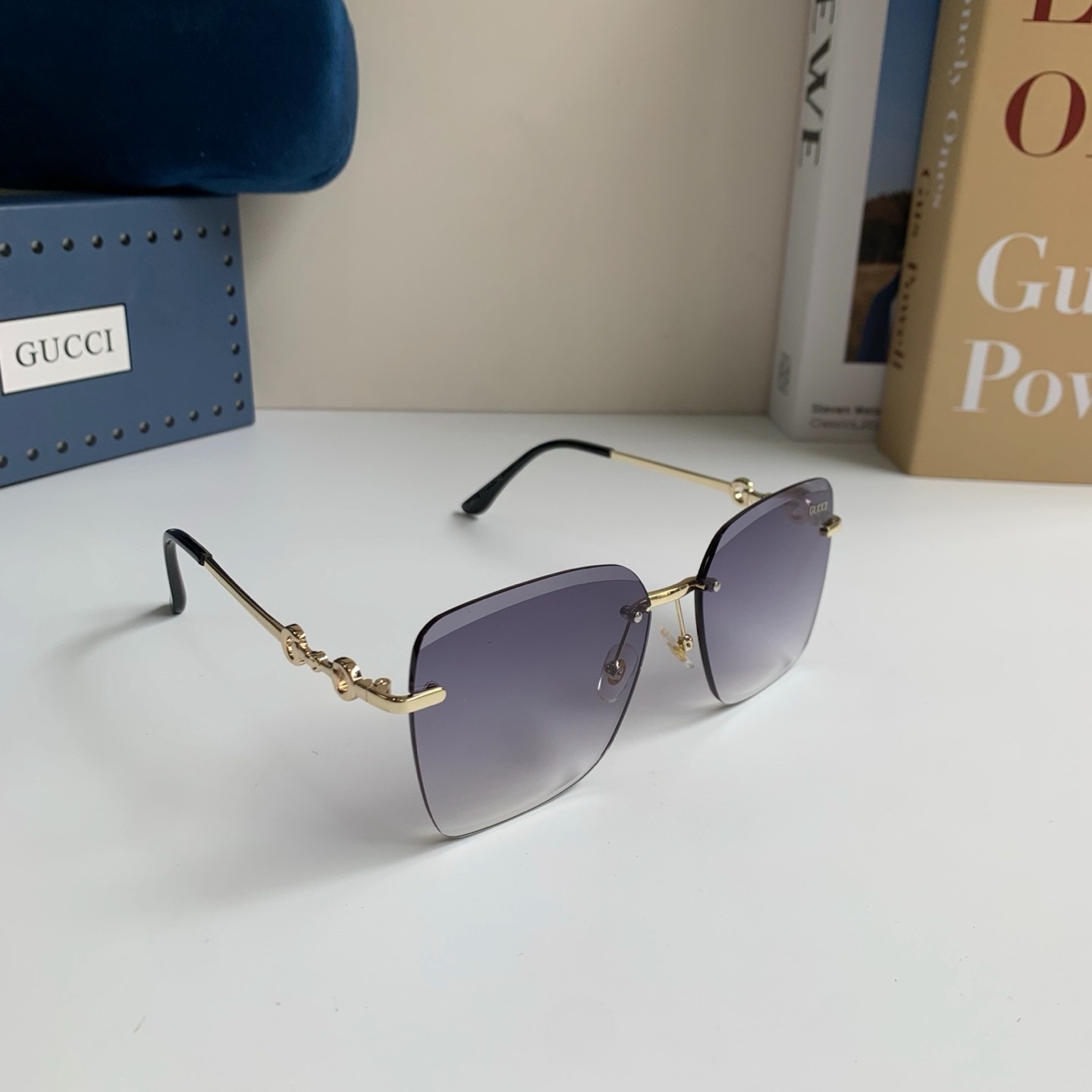 Gucci GG1278S Rimless Square Sunglasses Gold Horsebit Grey Gradient 55-19-140
