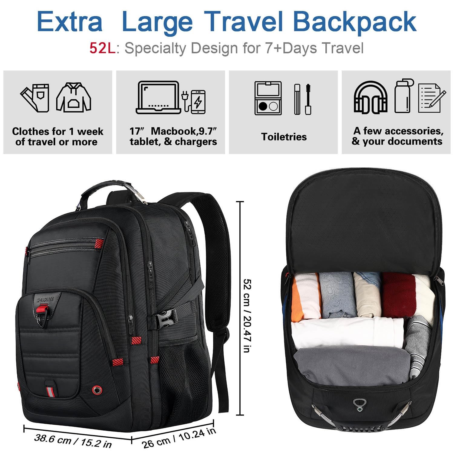 Z-MGKISS 52L Extra Large Travel Backpack for Men&Women, Fit 17.3″ Laptops
