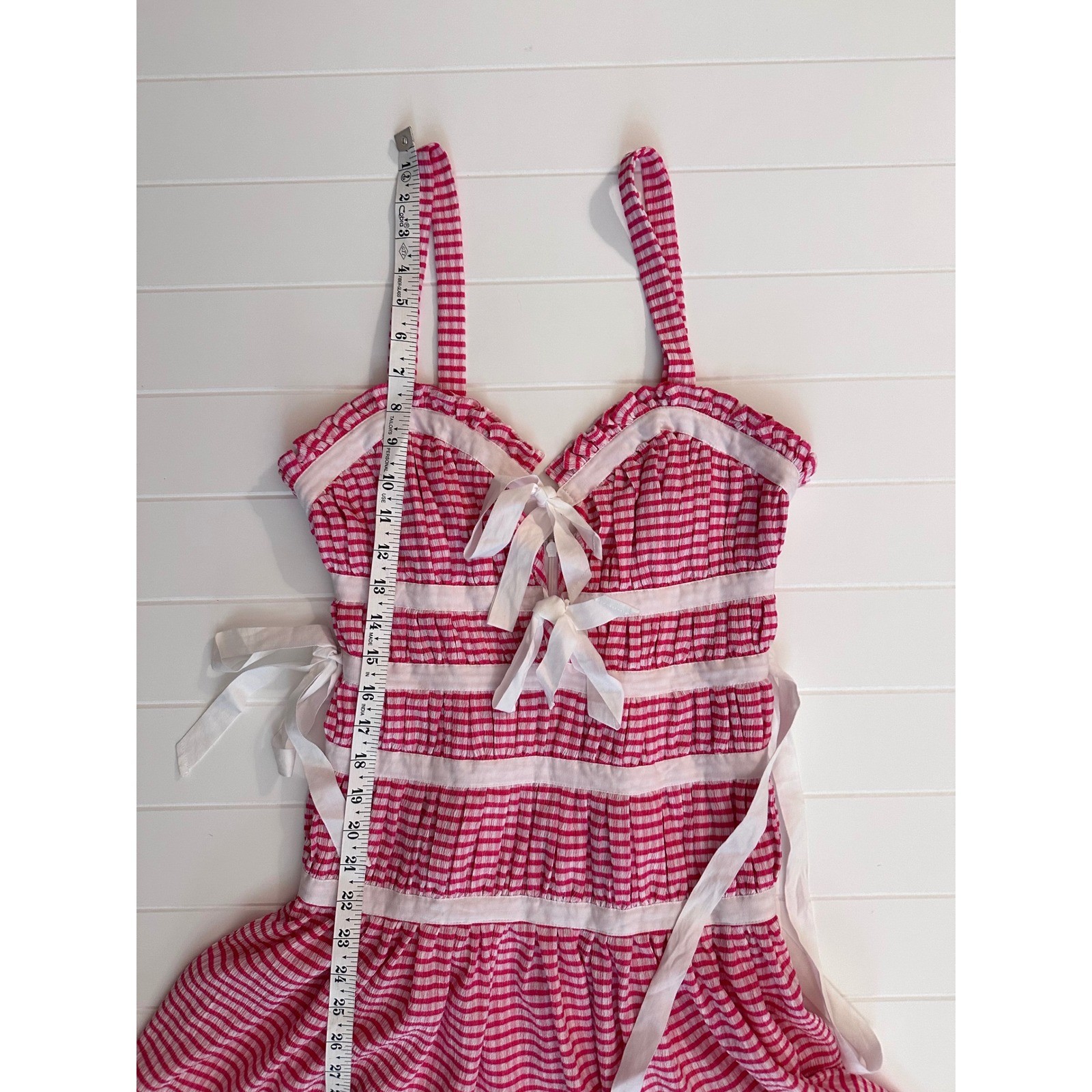 LPA Revolve Pink Gingham cottagecore milkmaid Mini Dress Ribbon Tie Smocked XS