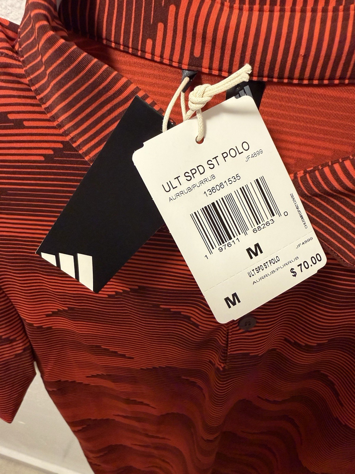 Adidas Golf Ultimate365 Red Speed Stripe Pattern Polo.