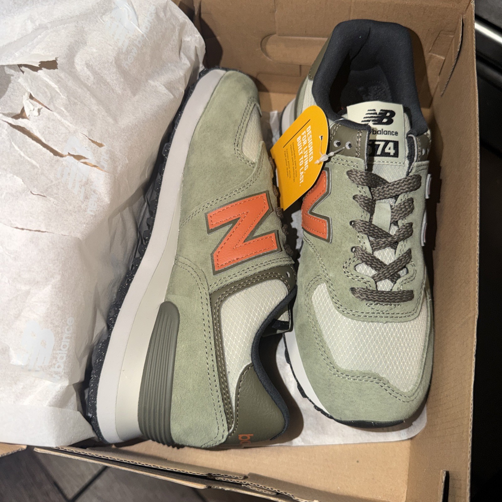 New Balance 574 Cordura Dark Olivine/Orange Sz 6M/7.5W