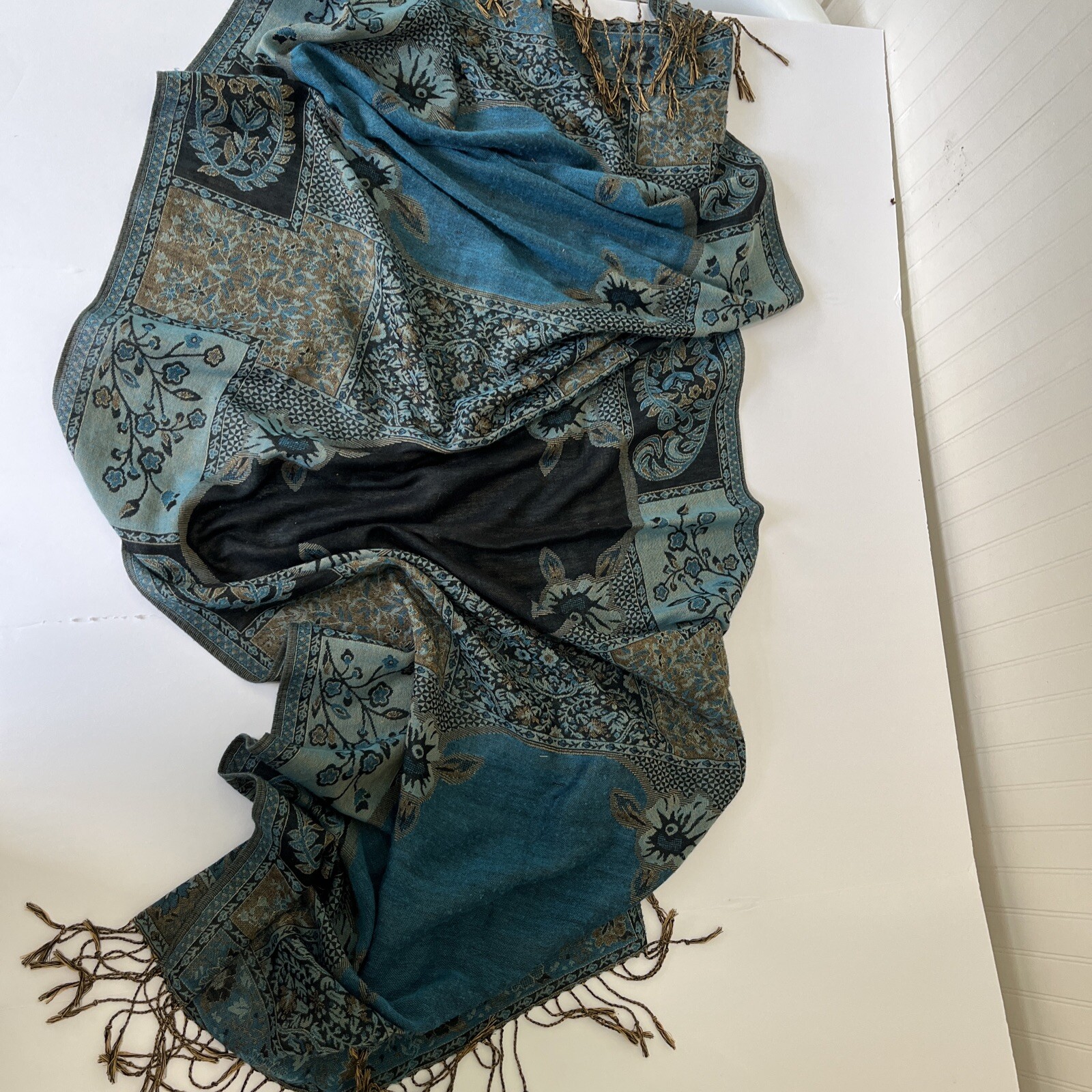 Vintage Shawl Cover Poncho Embroidery Fringed Rayon 27 w x 70L Great condition
