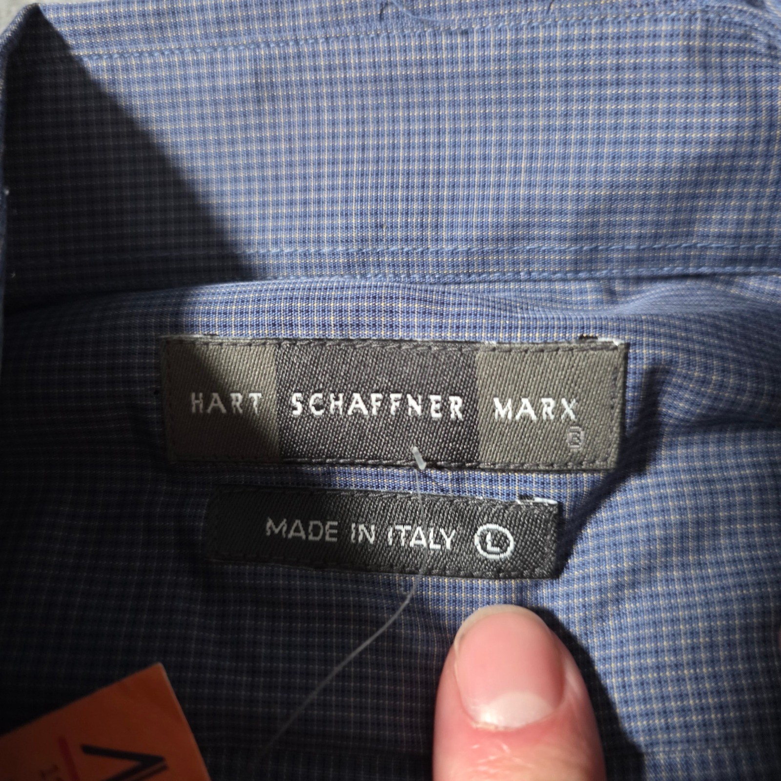 Hart Schaffner Marx Mens Large Dress Shirt Blue Micro Check Made in Italy NWT
