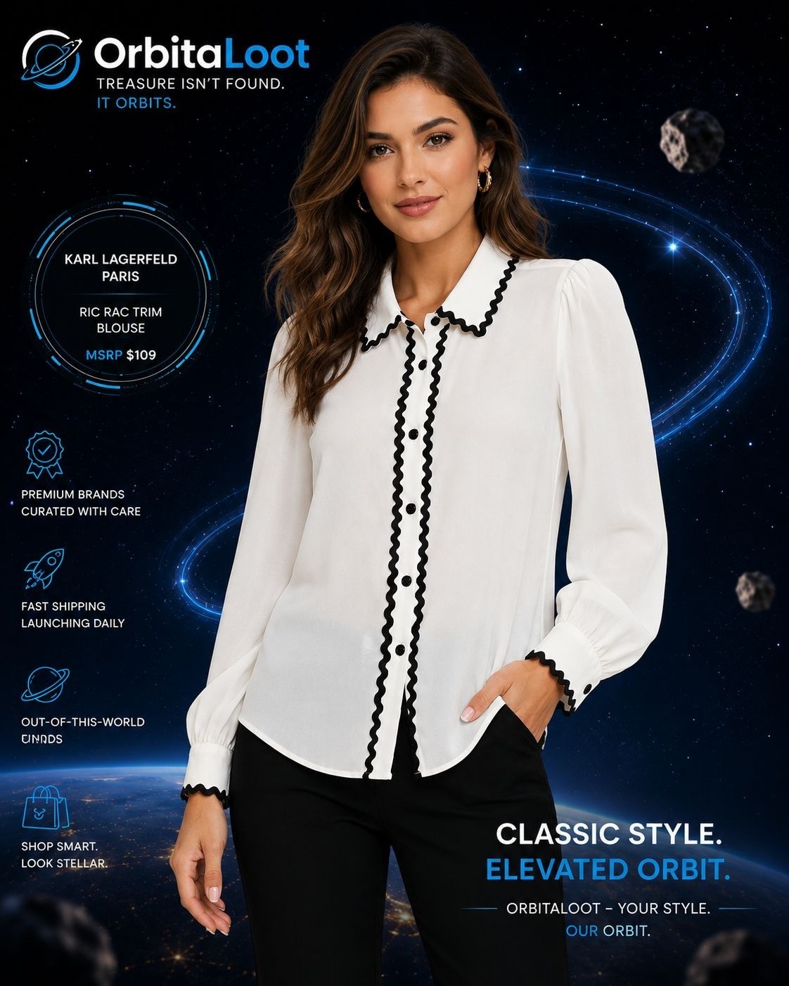 Karl Lagerfeld Paris S White Black Ric Rac Trim Button Blouse NWT MSRP $109