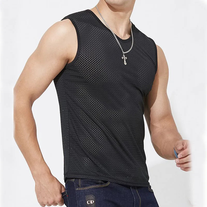 Men’s Ice Silk Mesh Tank Tops Gym Stringer Transparent Bodybuilding