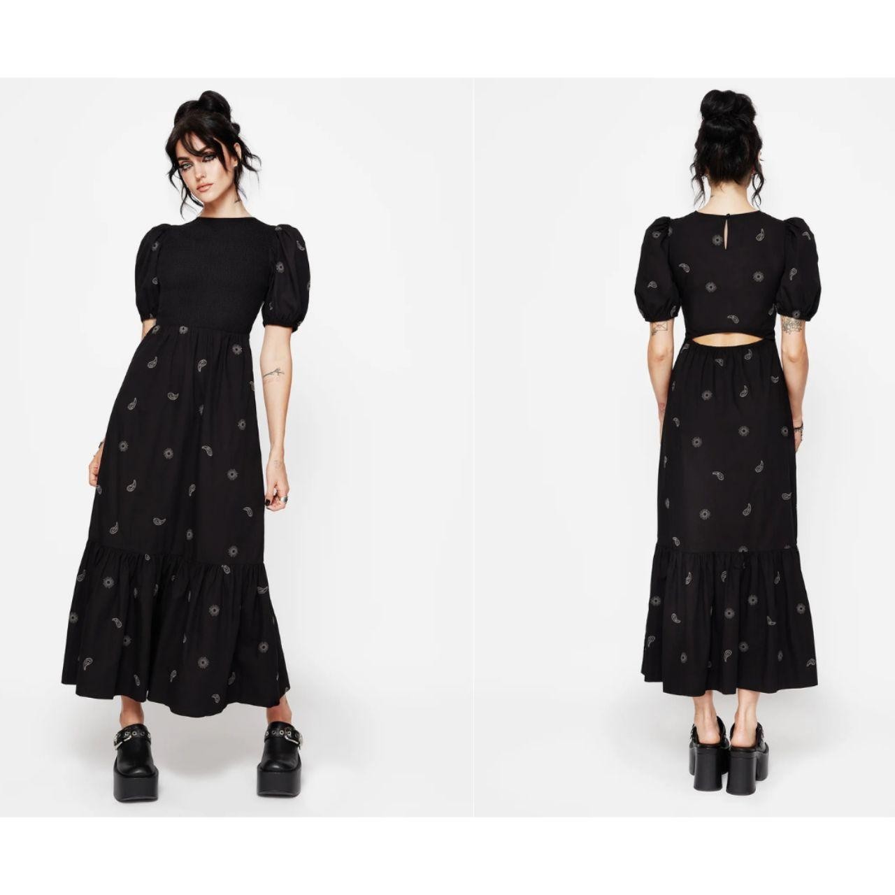 Disturbia Black Dawn Sun Embroidered Tiered Maxi Dress 8 Puff Sleeve Witchy Goth