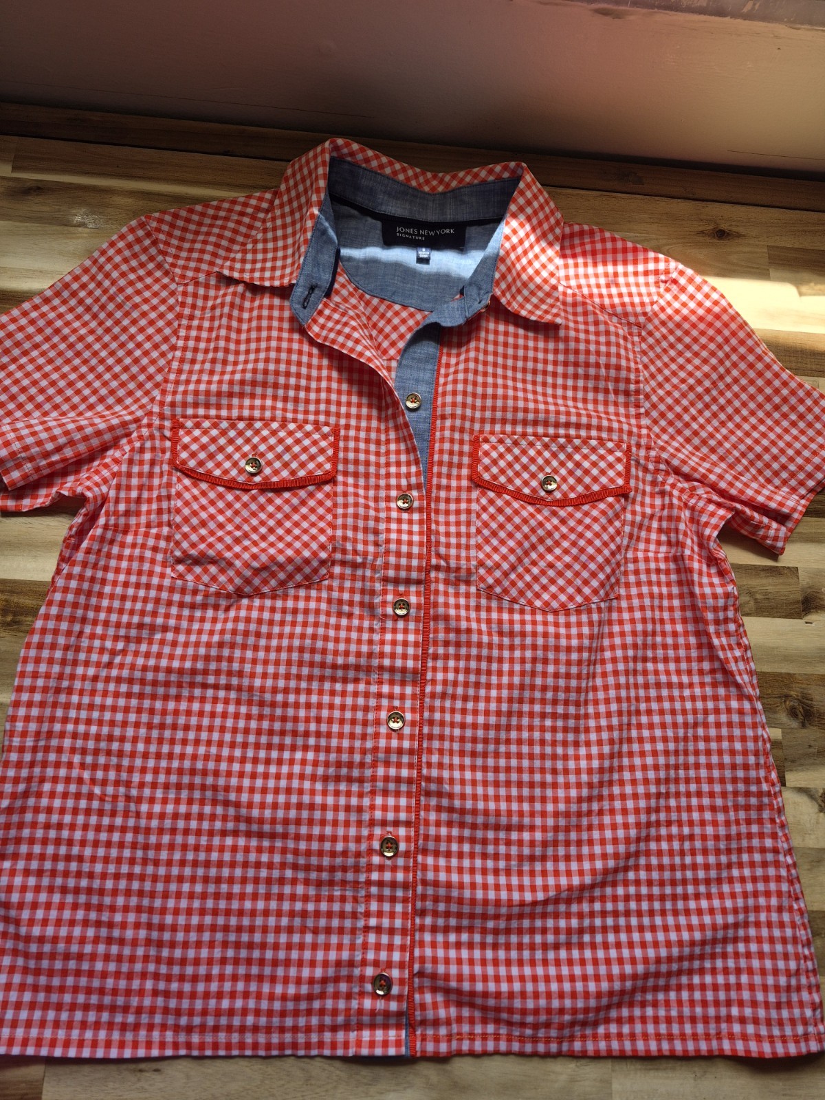 Jones New York Signature Red Gingham Easy Care Cotton Shirt S Button-up SS