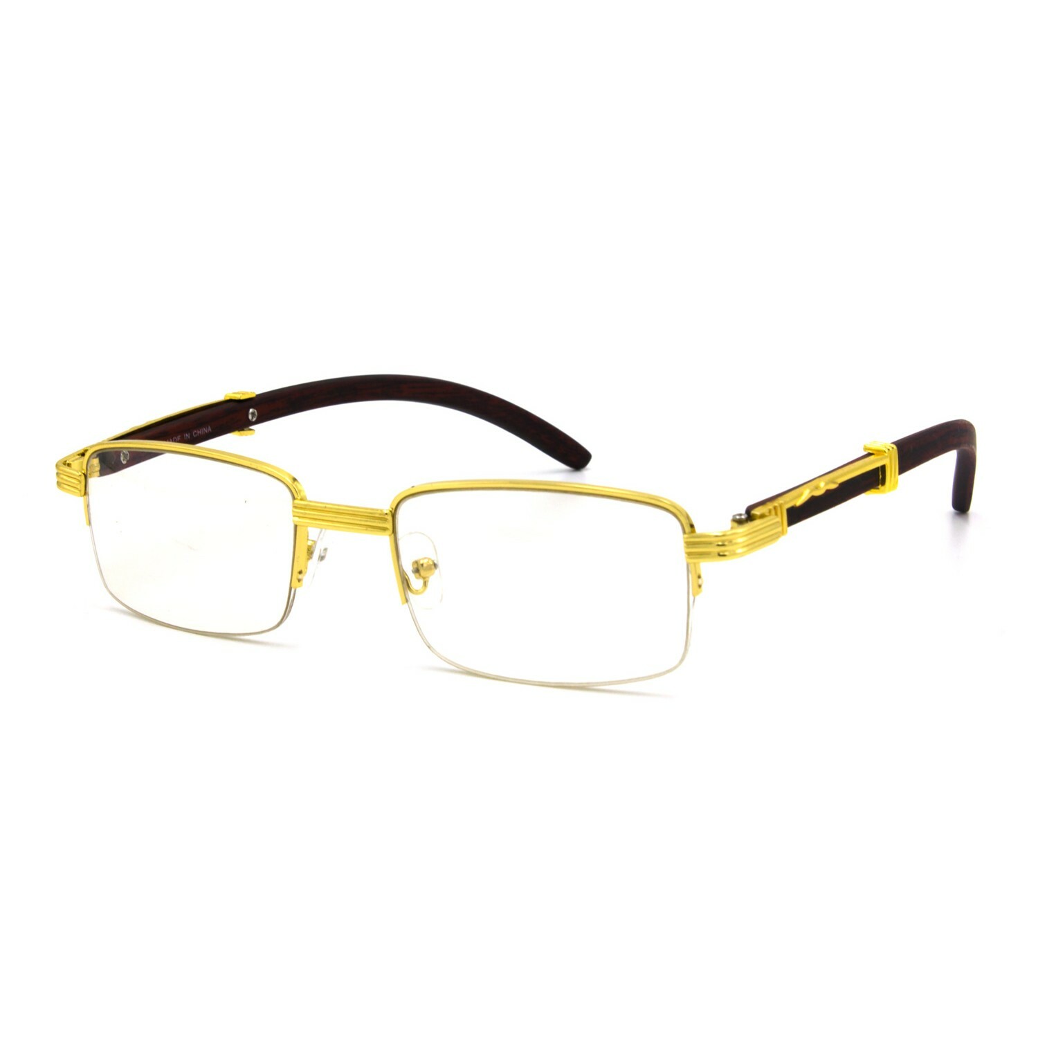 1/2 Rim Semi Rimless Rectangle Wood Buffs Unisex clear glasses Gold and Black