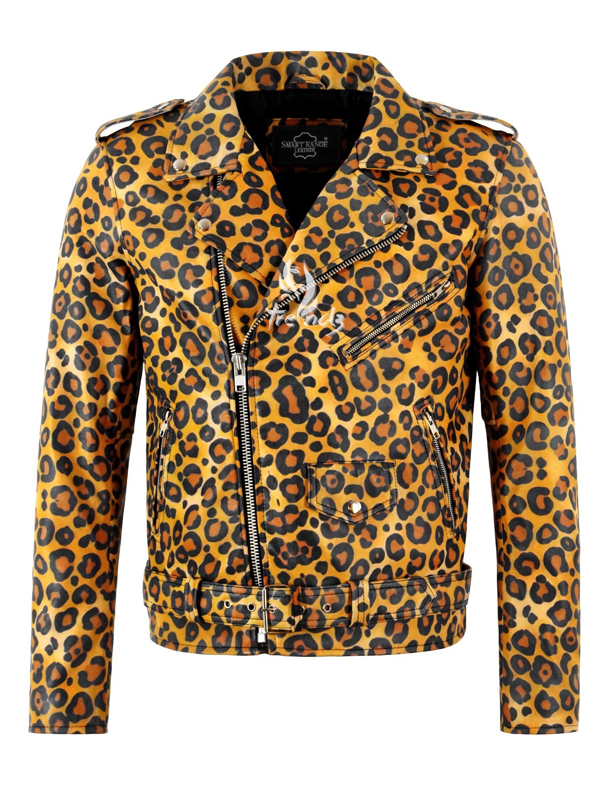 Men’s Leopard Print Brando Biker Real Leather Jacket Slim Fit Marlon Moto Jacket