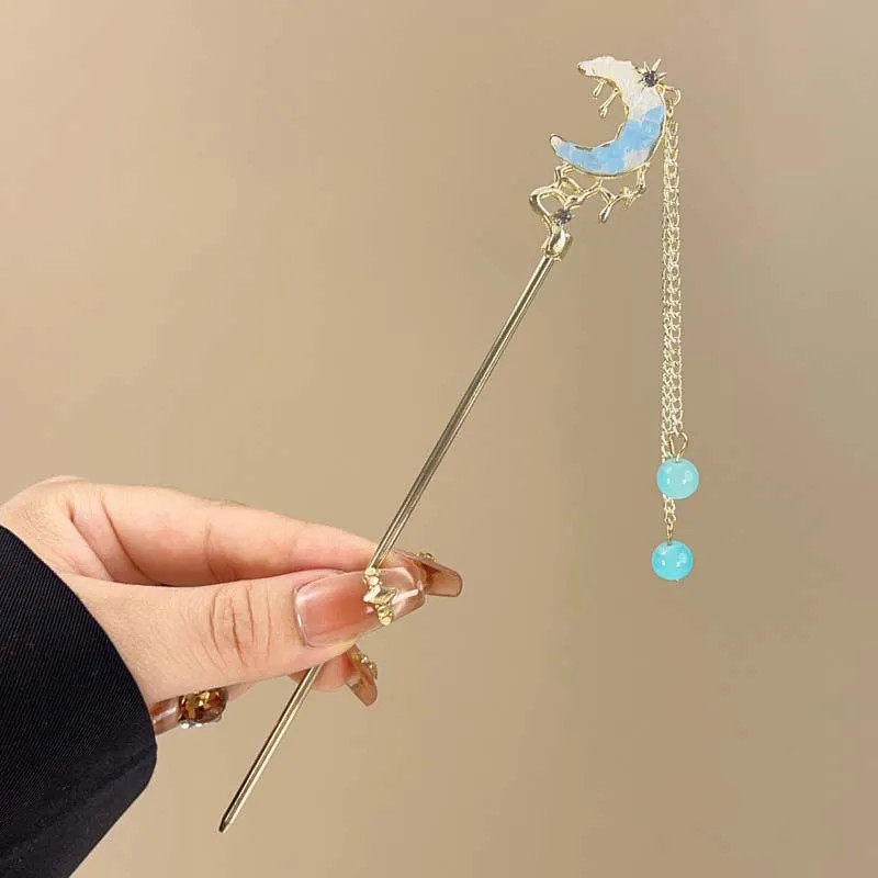 Exquisite Blue Crystal Star Moon Hair Stick for Women Girls Chinese Style Fl