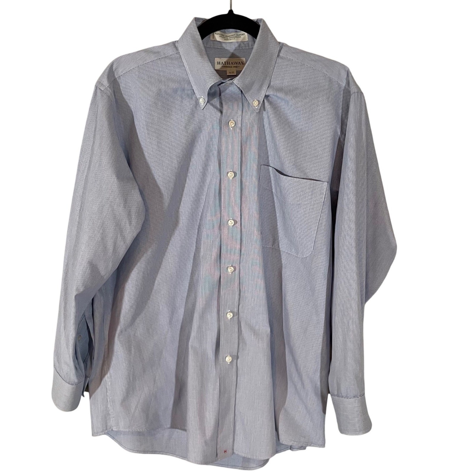 Hathaway Mens Blue White Striped Pinpoint Oxford Shirt Wrinkle Free 16-33 USA