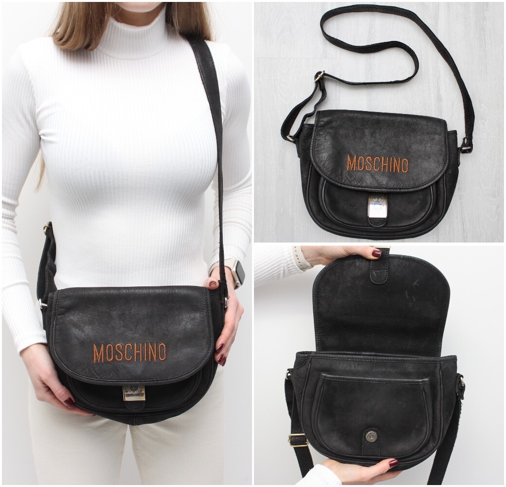 Women’s Vintage MOSCHINO Redwall Leather Shoulder Bag Embroidered Logo RARE S