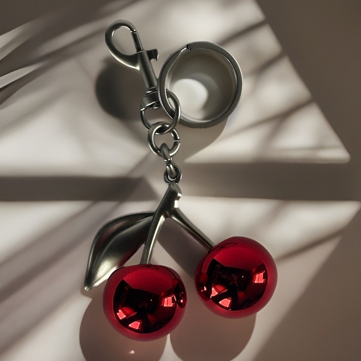 Mirrored Red Double Cherry Bag Charm | SILVER Keychain + Premium Velvet Dust Bag