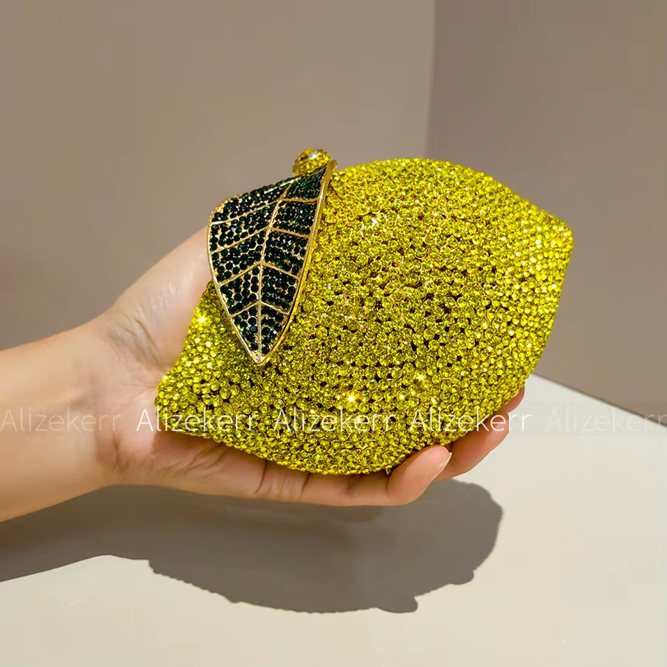 Lemon Shaped Diamond Evening Bags Women Gorgeous Unique Bling Rhinestone Metalli