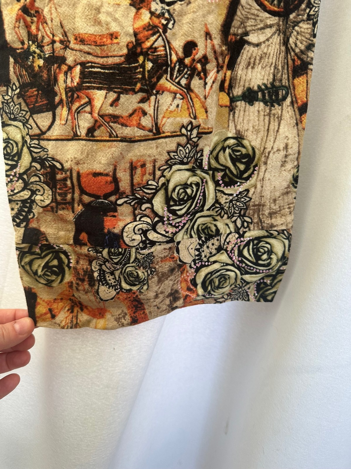 Women’s Egyptian Rose Print Capri Pants Pockets Cotton Blend Boho Pull On