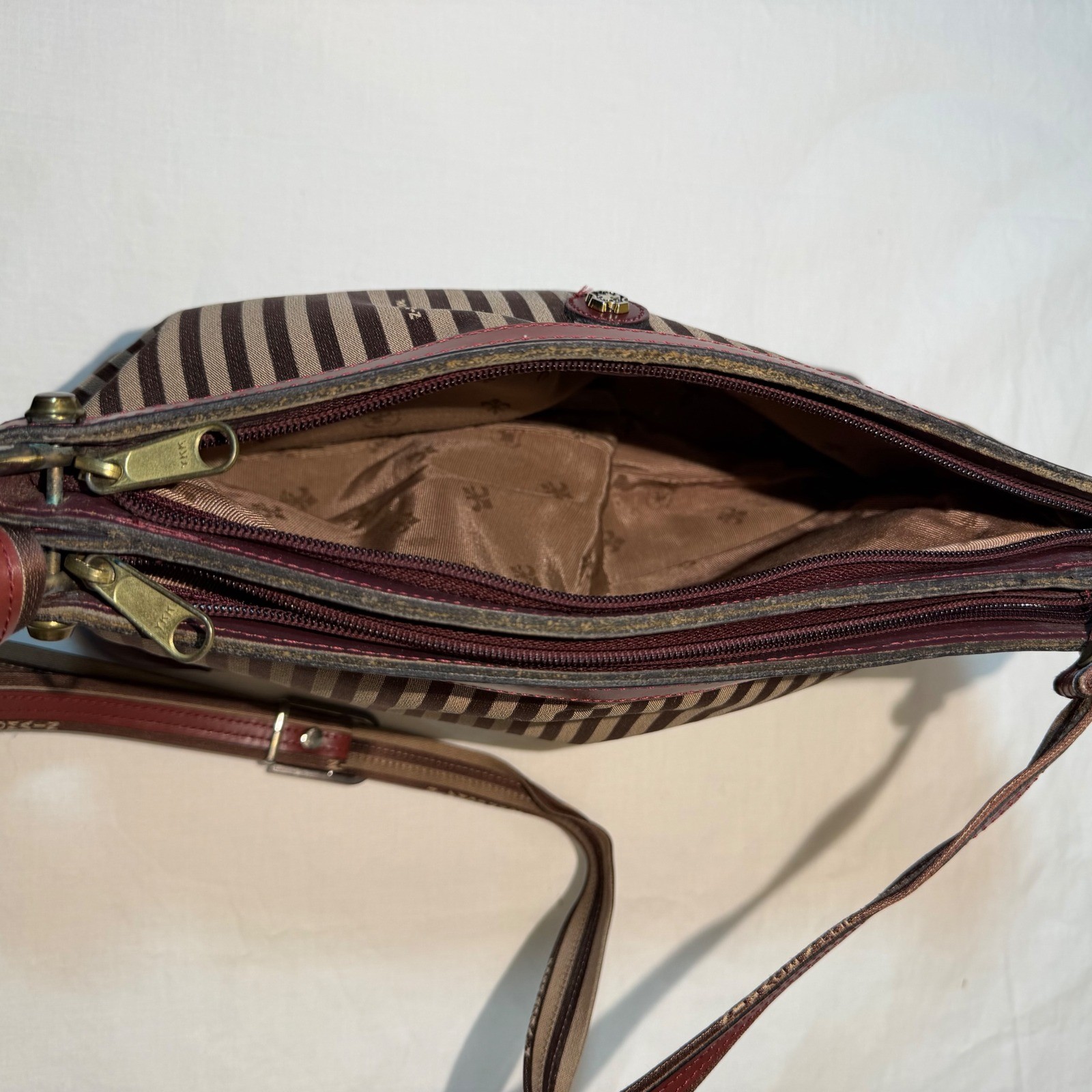 Vintage John Romain Striped Crossbody Bag Brown Burgundy Leather Trim Lion Crest