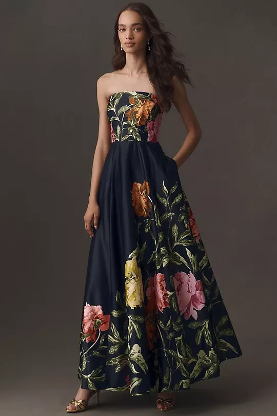 Anthropologie – BHLDN Kira Strapless Printed Satin A-Line Maxi Dress – Sale OF