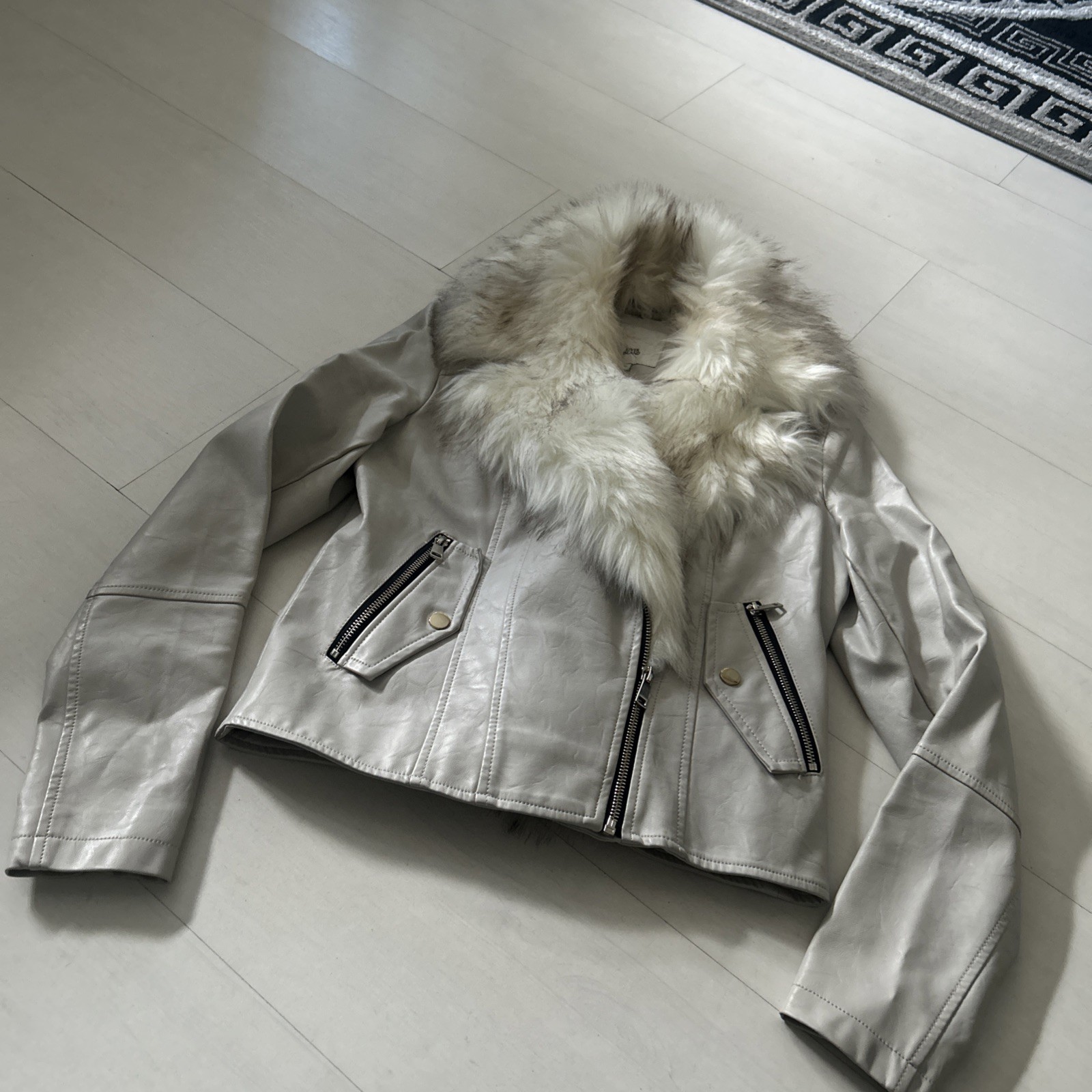 River Island Stone Faux Leather Ladies Biker Jacket 10 Removable Faux Fur Collar