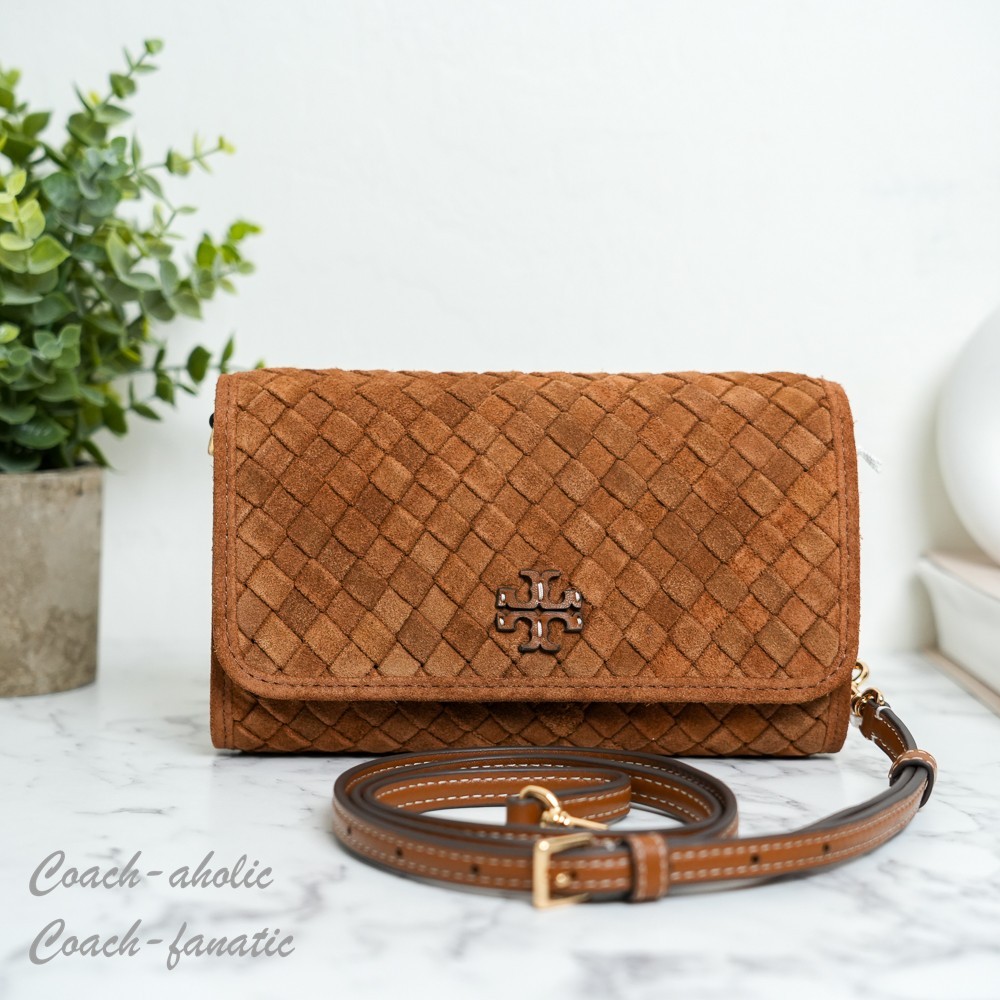Tory Burch Thea Woven Suede Flat Wallet Crossbody in Chicory Brown NWT