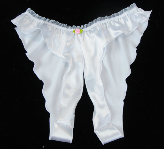 VTG style Glossy WHITE Satin SHiny ladies high cut Crotchless Bridal OS panties