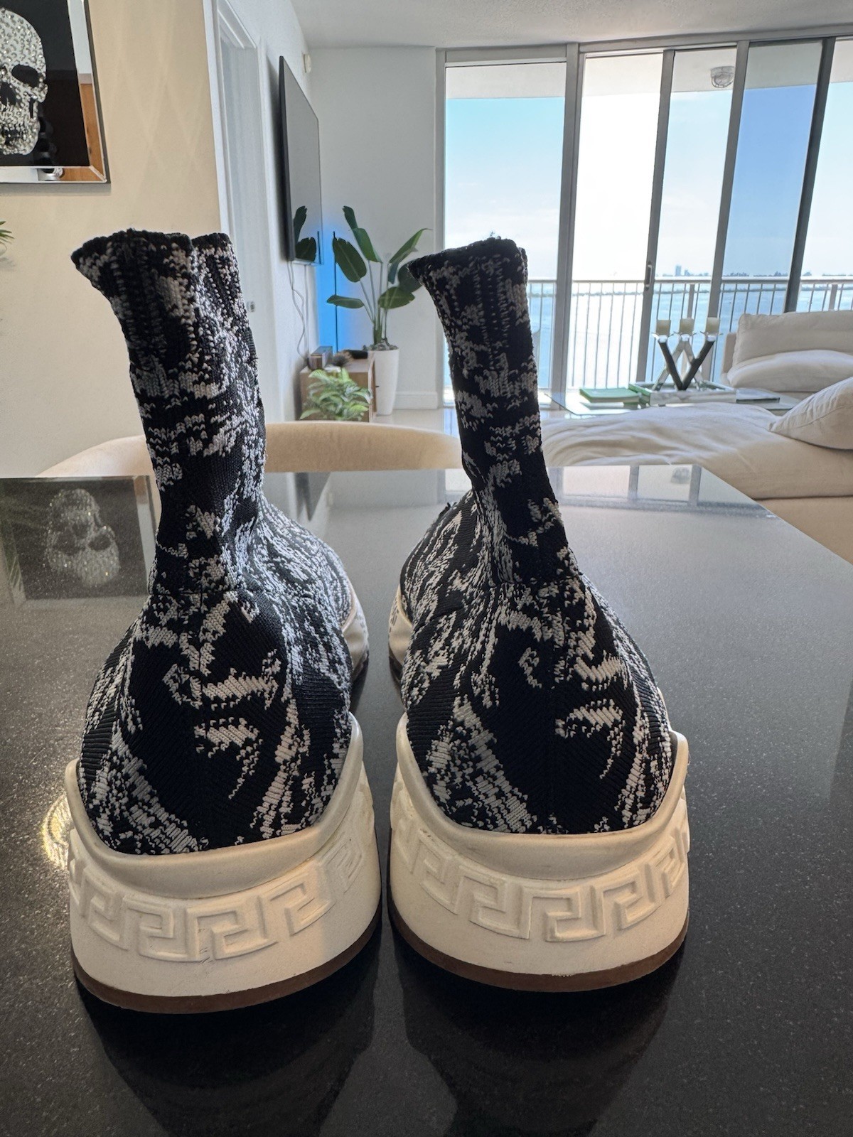Versace Sock Sneakers Pull On Black White Logo Knitted Fabric Casual Shoes Men