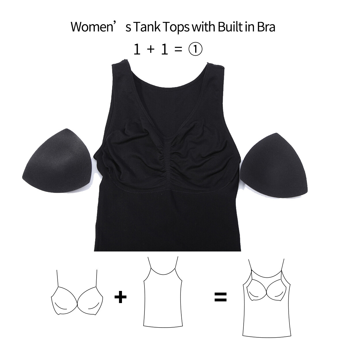 Women Stretch Cami with Built-in Shelf Bra Tank Top Wide Straps Padded Yoga Tops