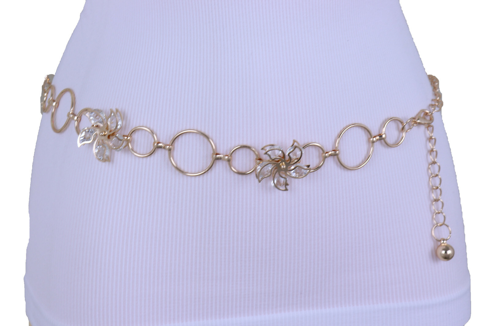 Women Gold Color Metal Chain Narrow Waistband Bling Flower Charm Cute Belt S M L