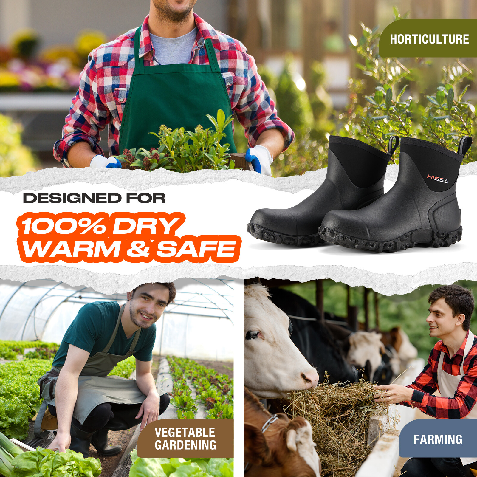 HISEA Men Ankle Rain Boots Neoprene Rubber Waterproof Non-Slip Outdoor Work Boot