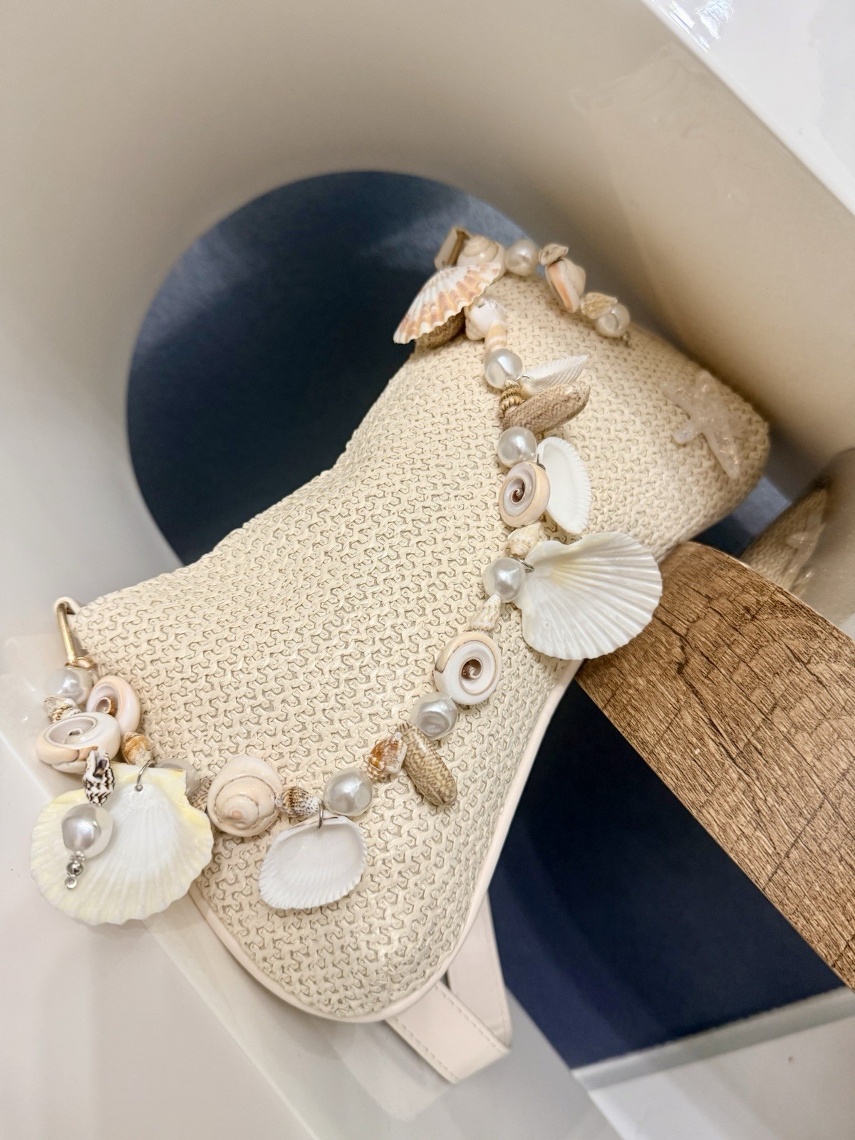 Woven Straw Inspired Crescent Shoulder Bag with Shell Pearl Starfish Accents