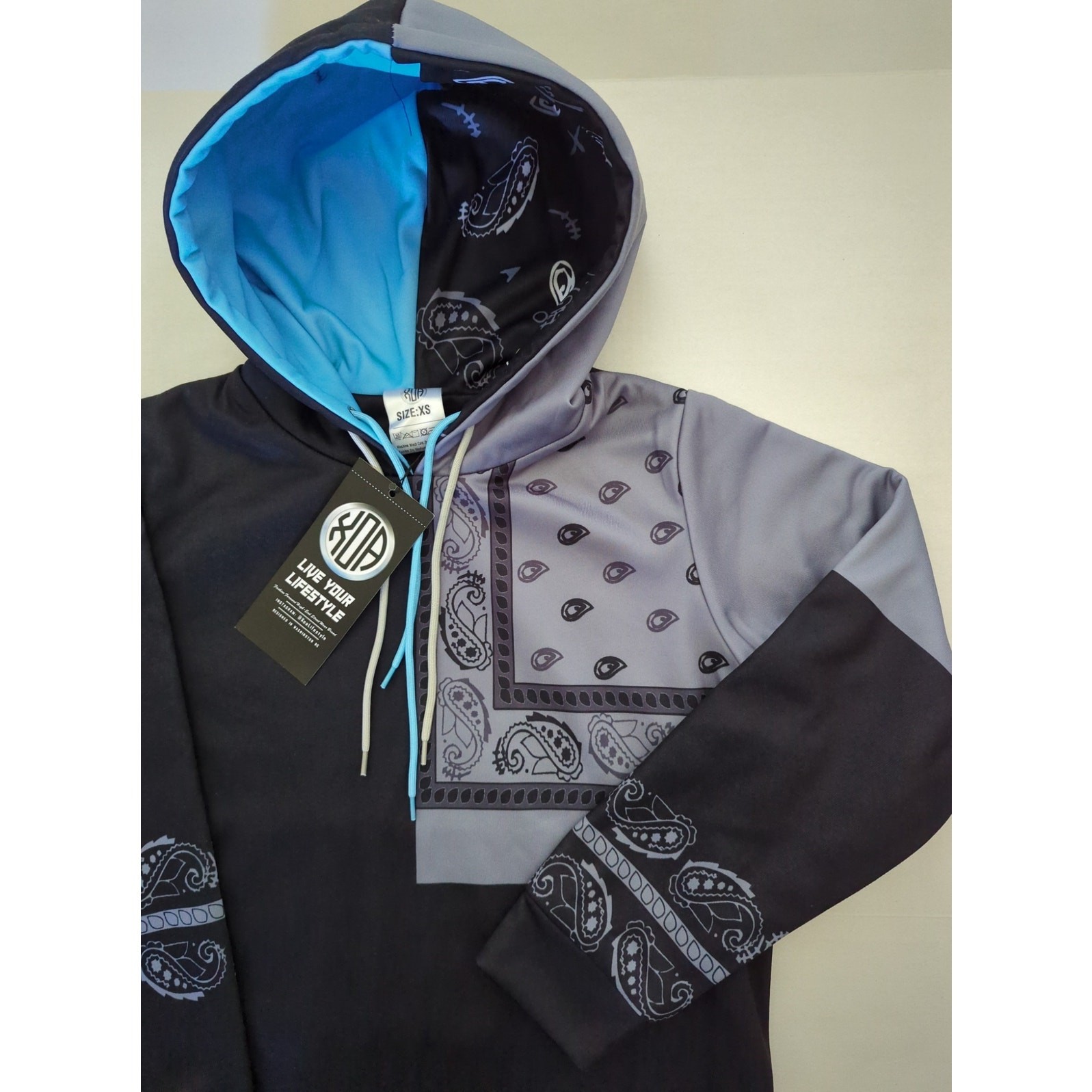 Reversible Bandanna Hoodie Black Grey University Blue Size XS Xoa Lifestyle NWT