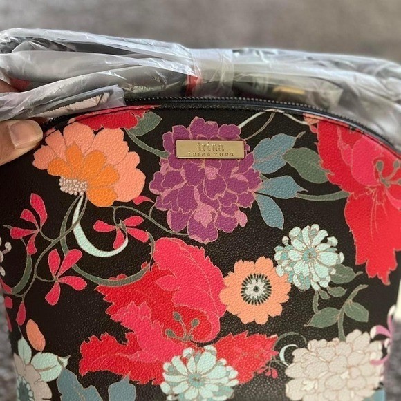 Trina Turk Floral Dome Crossbody Bag Black Multi Color Faux Leather NWT