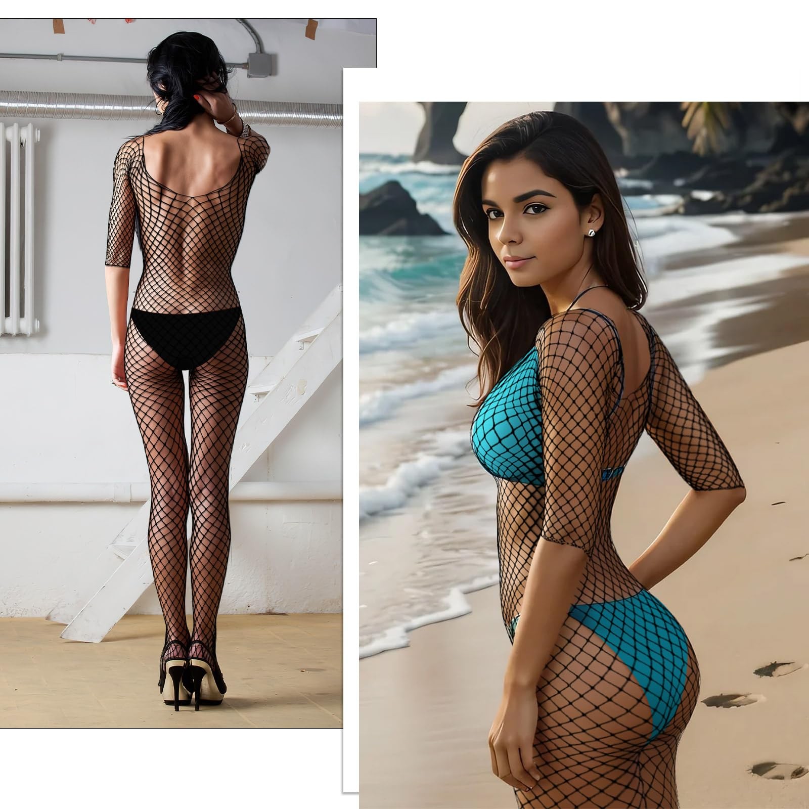 3 Packs Women Fishnet Bodysuits Mesh Bodystocking Fishnet Lingerie Long Sleeve B