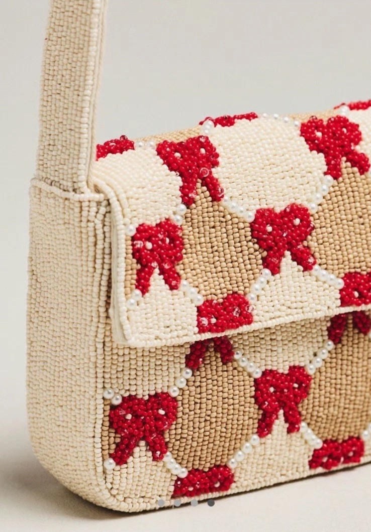 Anthropologie Fiona Beaded Bag Winter Icon Edition Red Bow Checkered New