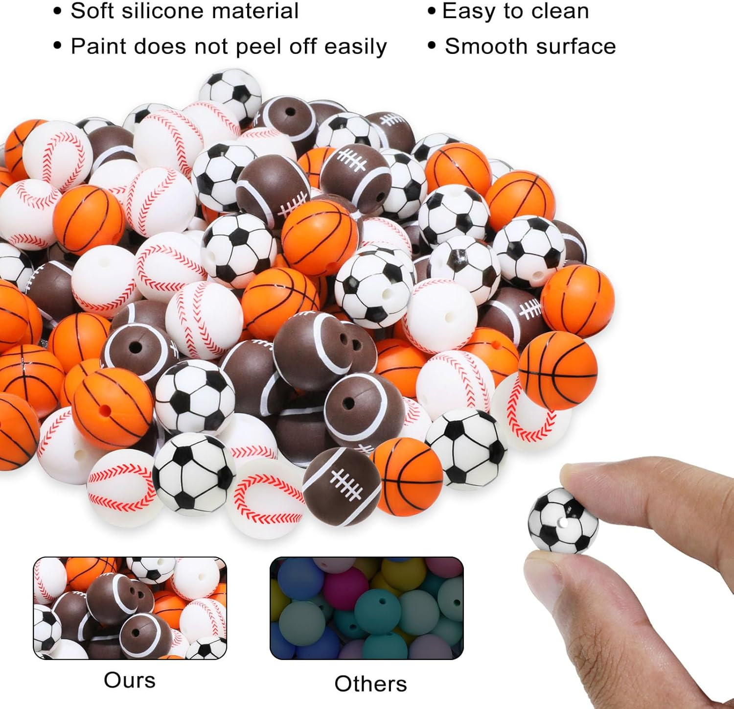 24 Pcs Print Silicone Beads Sports, 15Mm Soft Rubber round for Keychain Wristlet