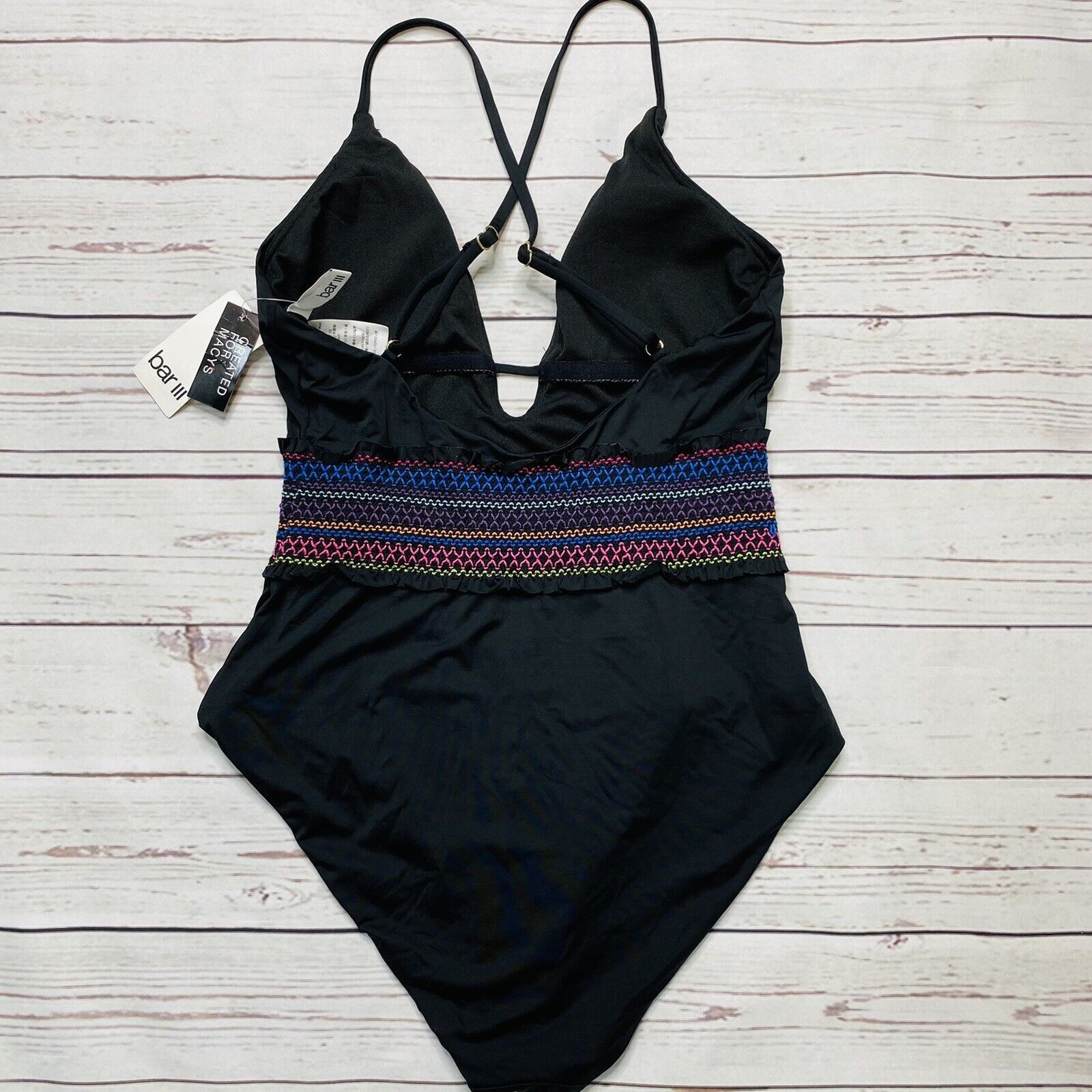 Bar III Smocked Plunging One Piece Swimsuit Black M New Rainbow Embroidered