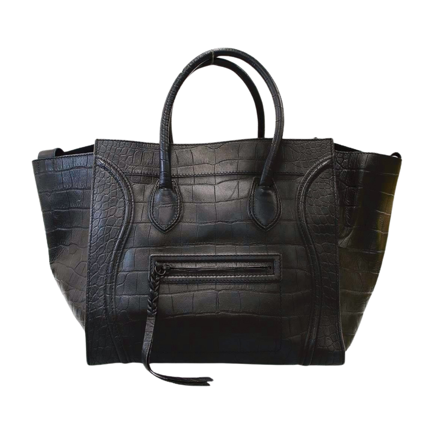 Croc CELINE Luggage Phantom Black Leather Tote Bag Handbag Medium Auth Japan