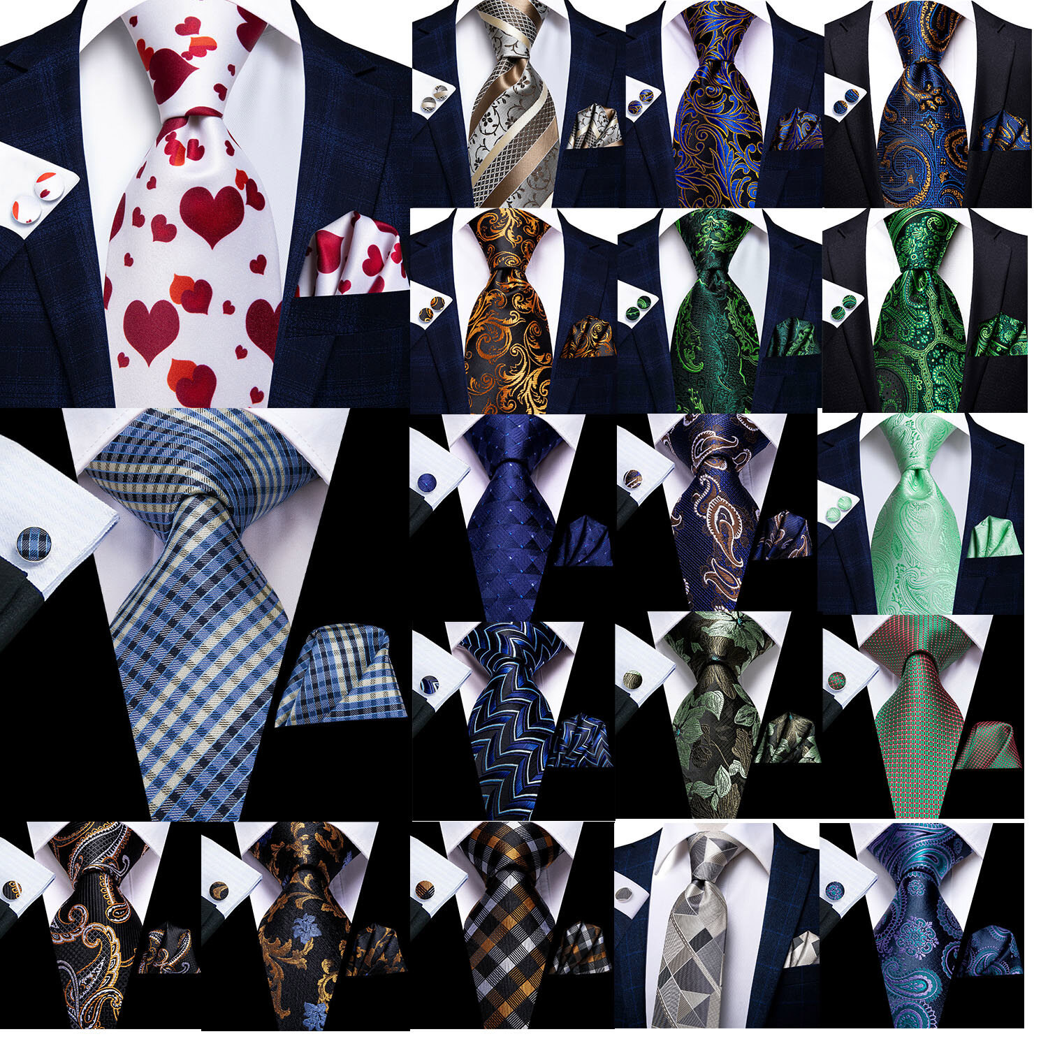 Mens Tie Striped Solid Paisley Necktie Hanky Cufflink Set Wedding Prom