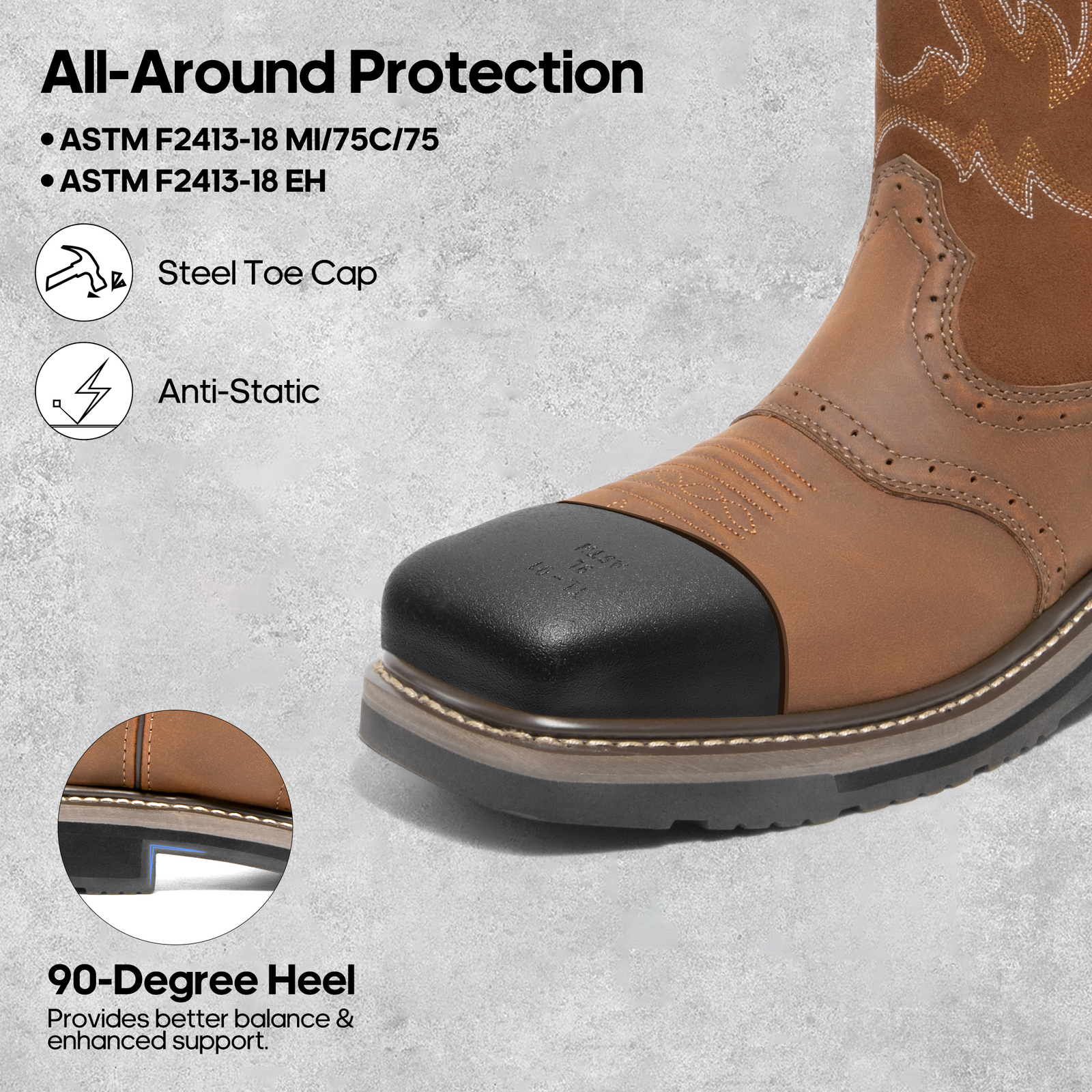 Men Steel Toe Boots Western Boots Square Toe Mid Calf Leather Farming Work Boots