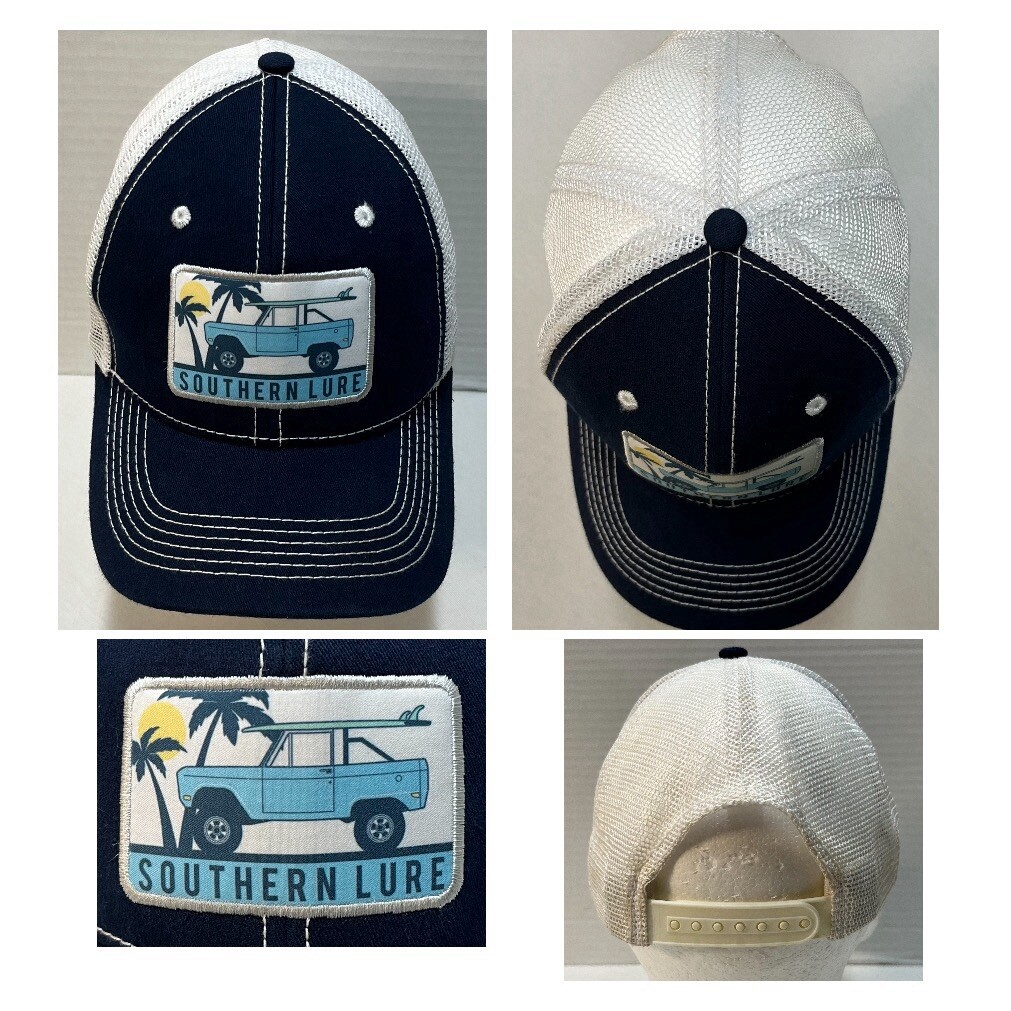 Southern Lure Mesh SnapBack Ball Cap Hat Front Patch Logo Bronco Surfboard EUC